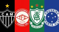 Lado a lado: escudos de Atlético-MG, Tombense, América-MG e Cruzeiro