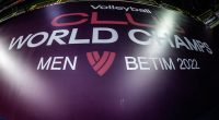 Placa com logo do Campeonato Mundial de Clubes de Vôlei masculino Betim 2022