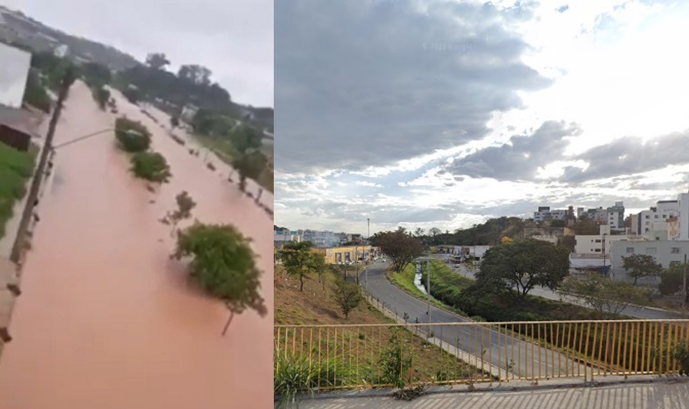 Antes e depois da avenida Juiz Marco Túlio Isaac em Betim após chuvas