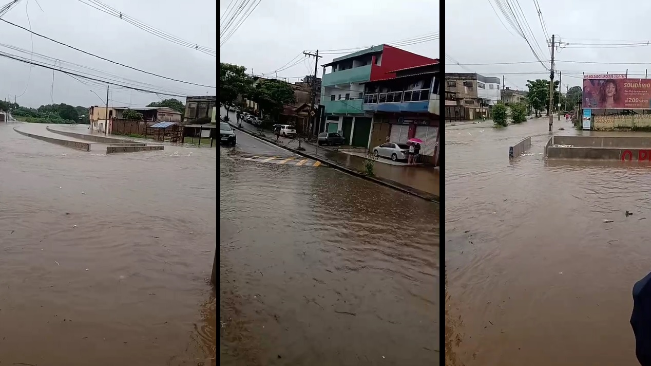 Avenida Cordiline Senhora de Fátima alagada após chuva em Betim