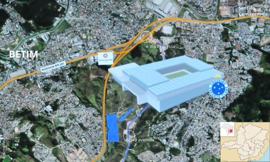 Localização do provável estádio do Cruzeiro em Betim