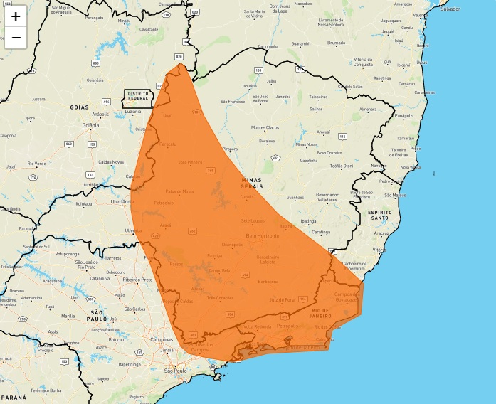 Mapa mostra áreas com risco de tempestades em parte do Sudeste brasileiro nesta quarta-feira 09.nov.2022