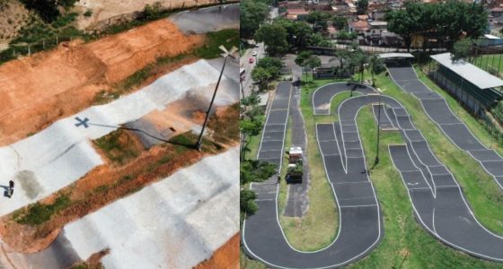 Antes e depois da reforma da Pista Internacional de Bicicross Aquileu Franco do Amaral, no bairro Bueno Franco, em Betim (MG)